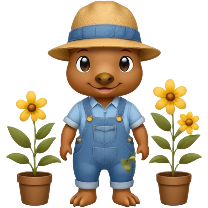 platypus wearing a gardening hat and denim overalls with flowers emoji