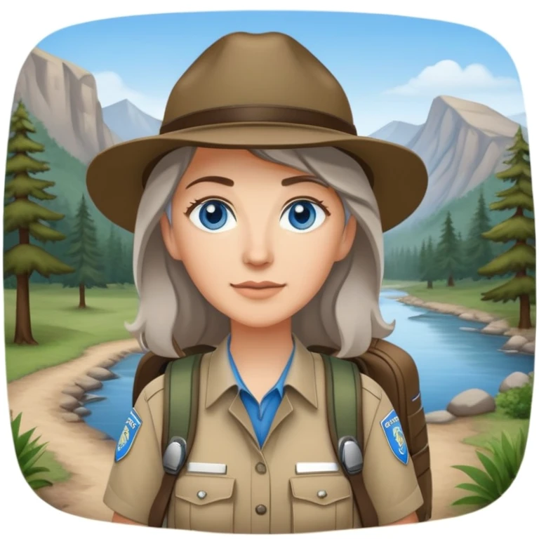 white woman park ranger with blue eyes, brown and gray hair, wearing a backpack, standing in a nature background emoji