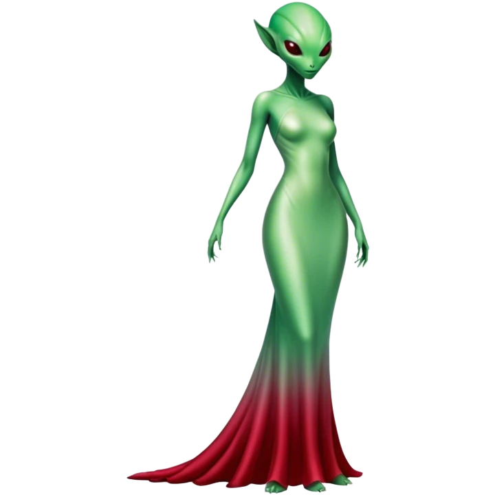 reptilian green alien woman, in( long slim pastel color:#FFFFFF formal party satin dress with gradient shiny sparkling dark red), full figure, full body emoji