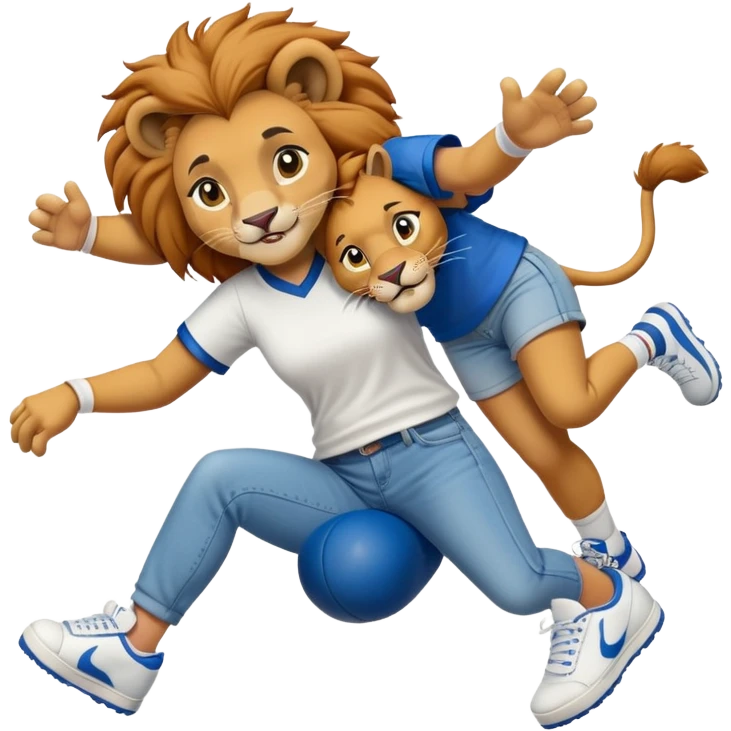 friendly anthropomorphised female lion wearing a baseball shirt, jeans, and trainers, helping another character up after falling down emoji