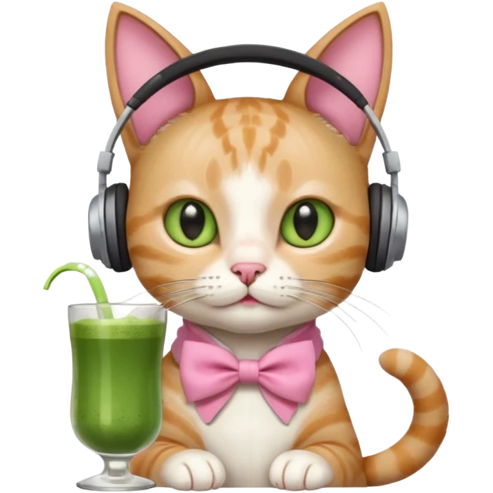 A cat wearing headphones with a glass of matcha, a pink bow on his ear emoji