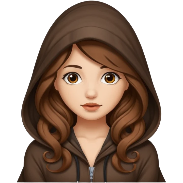 cute woman long wavy brown hair tattoos curled inside hood emoji
