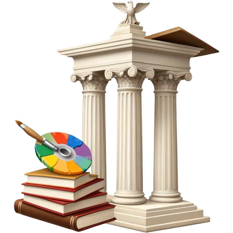 An icon featuring a paint palette, a sculpture, and a book, symbolizing the study of culture and art. The design includes a classical column and a canvas, representing art history and cultural exploration. Transparent background highlights the connection between creativity and history. emoji