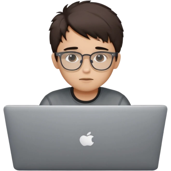 Apple Memoji-style 3D avatar, young man with light skin, short messy dark brown hair, black rectangular glasses, sitting behind a silver laptop with only eyes visible, cute minimal plastic look, smooth shapes, studio light, pure white background, centered, 1:1, ultra clean, 4k emoji