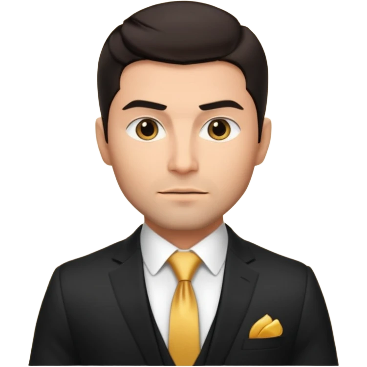 male memoji, dark hair, light stubble, strong jawline, luxury black suit and tie, gold watch, intense stare, charismatic billionaire aura emoji