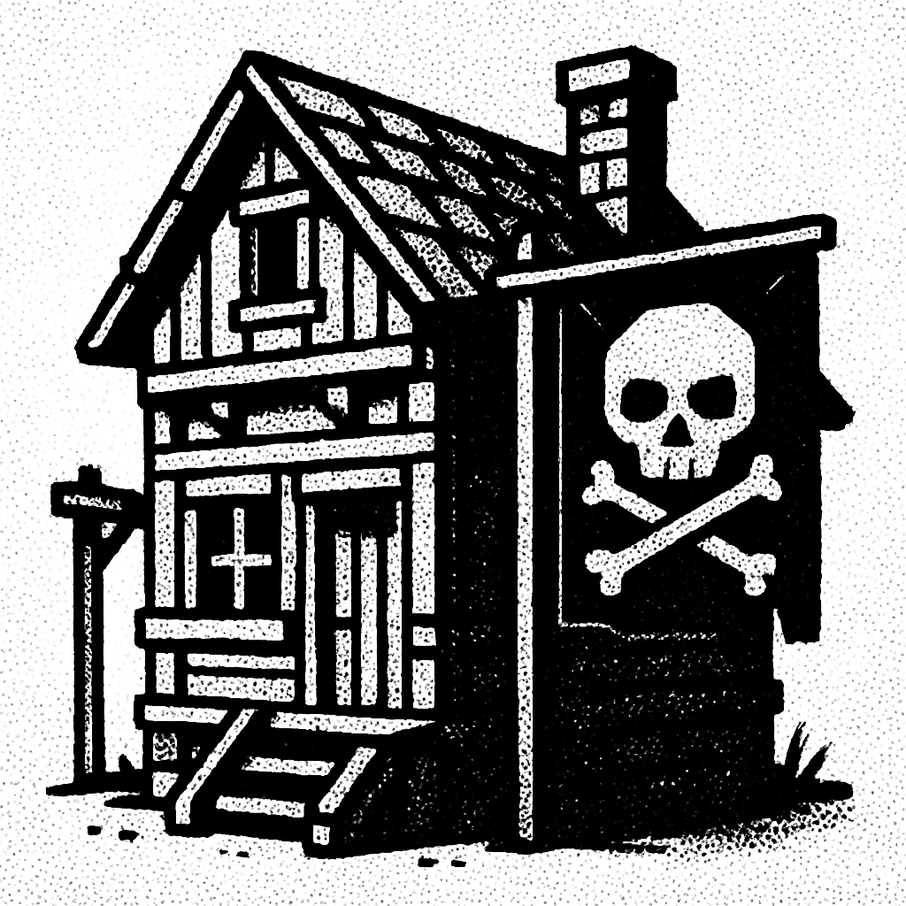 old pirate's house with skull flag emoji