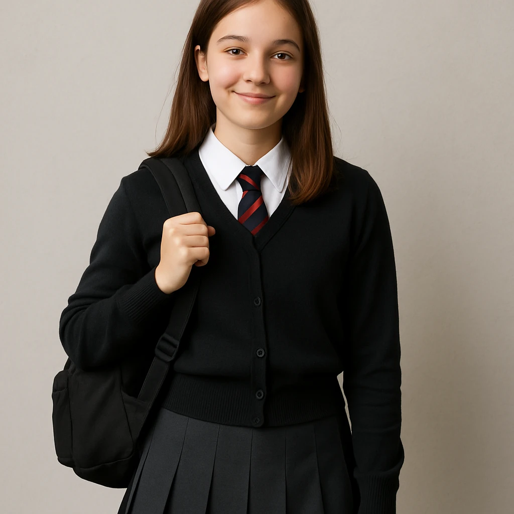 teenage girl in a modern school uniform, standing with a backpack, friendly look emoji