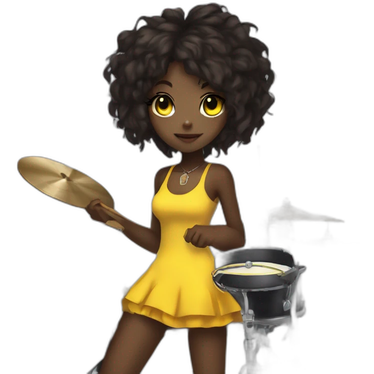 cute punk girl in yellow dress dark skin with yellow eyes and dark curvy hairs drummer anime style emoji