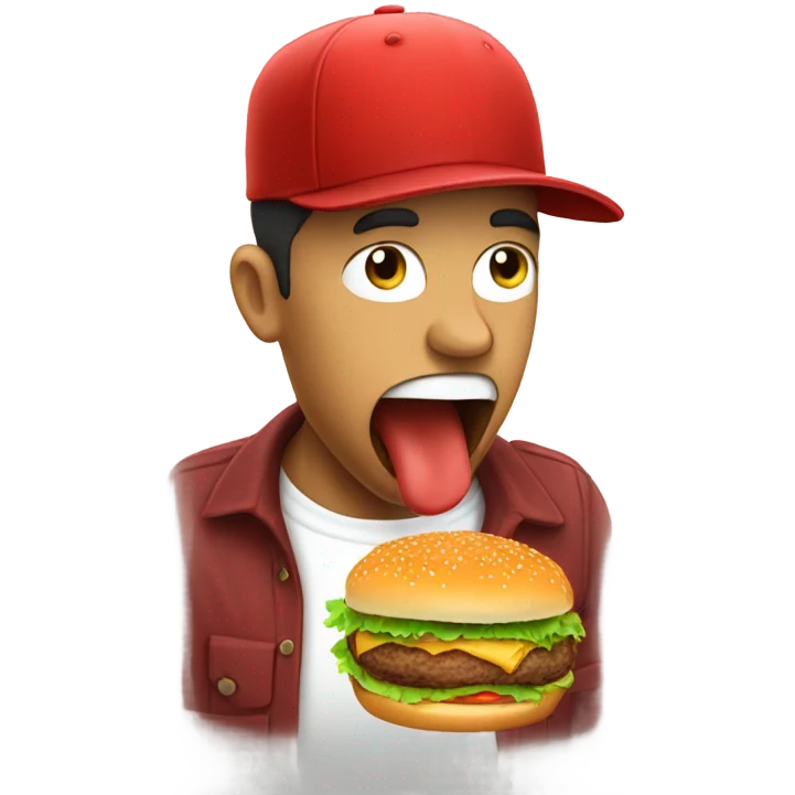 Man with a red hat eating a burger emoji