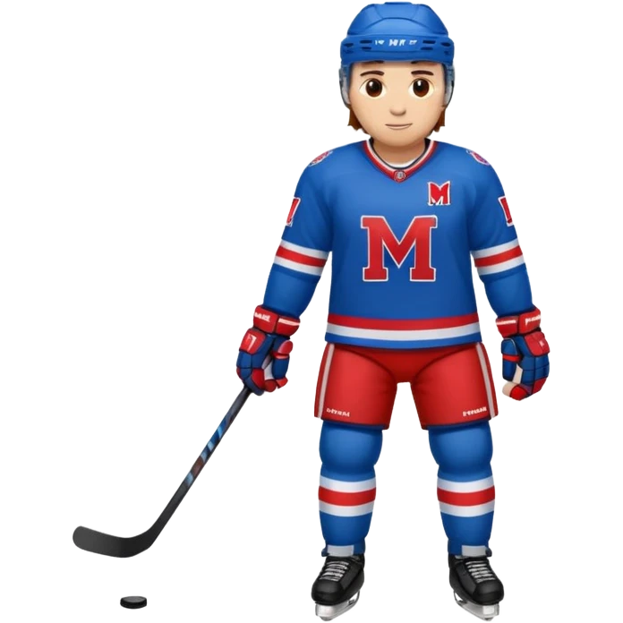 Hockey player in blue and red full body M on jersey emoji