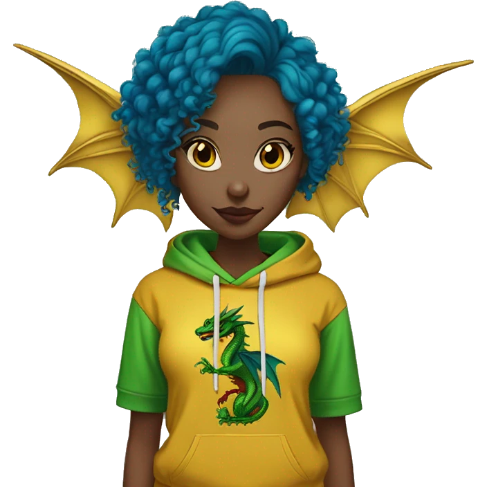 420 Lady with brunette and blue hair, hemp, gold, green dragon wings, maroon hoodie, 420, black and gold Nike t shirt, and bright red eyes emoji