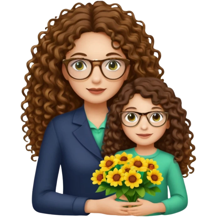 light skinned brunette long curly haired woman with green/hazel eyes framed with fine round gold rimmed glasses holding big bright bunch of flowers with one hand and young kindergarten age daughter's hand (also with long brown curly hair) in other. White background. emoji