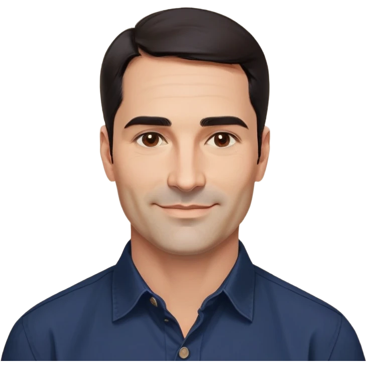 Man in his 40s with wide square face, marked jawline, full cheeks, friendly expression, medium dark brown eyes, thick natural eyebrows, straight wide nose, medium lips curved slightly upward in a relaxed smile, short neat dark brown almost black hair, wearing a navy blue button-up shirt emoji