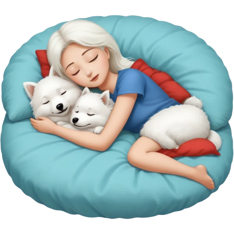 A girl in her early 20s sleeping with her white Japanese spitz dog on her bed emoji