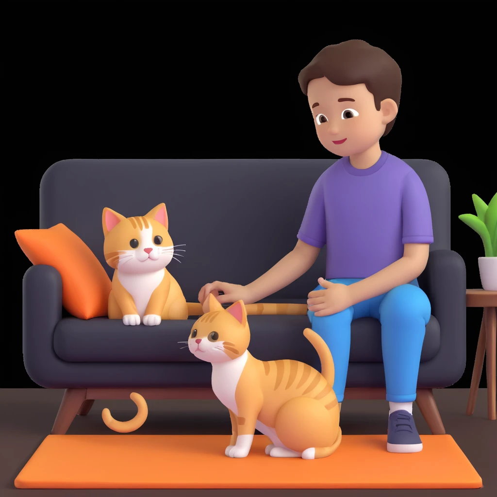 boy and cat pet, living room background emoji