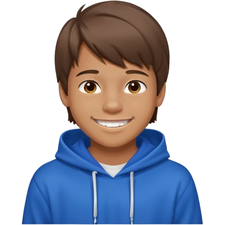 16 yr old boy, brown hair, straight, big smile, white teeth, tanned skin, bangs, hooded sweatshirt emoji