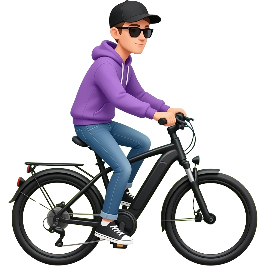 tall skinny guy with black basecap, purple hoodie, sunglasses and jeans rides a black electric-bike with nature in the  background. emoji