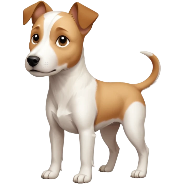 a full body facing front on of a buff white parson russell terrier looking dog the size of a kelpie with light brown long ears resting on its face and a light brown patch above one eye and a large snout. the rest of the dog is completely white.  emoji
