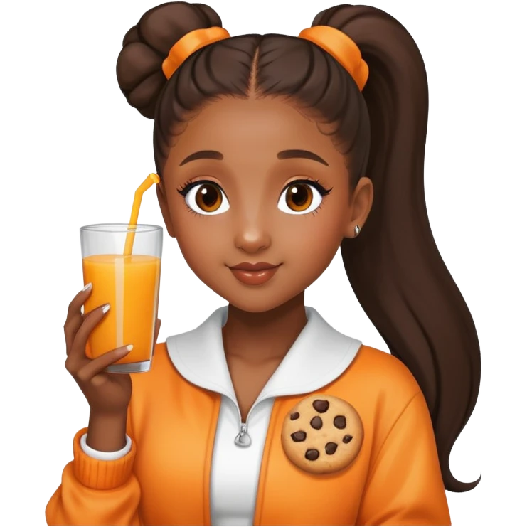 Ariana grande, high ponytail with dark skin holding cookie and orange juice  emoji