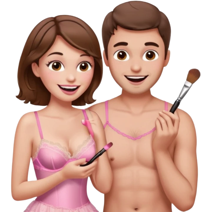 brown hair male getting sissified in pink feminine lingerie dress by his wife. the wife is laughing. she is doing makeup emoji
