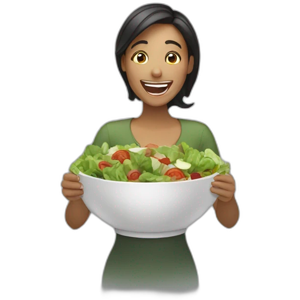 woman laughing alone with salad emoji