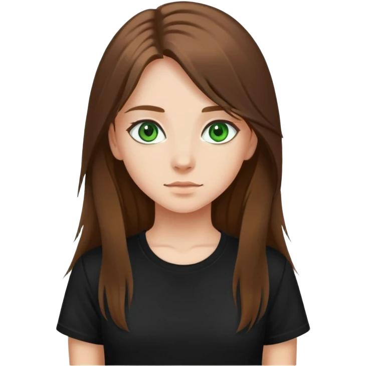 Girl emoji with brown, long hair, green eyes and a black t shirt emoji