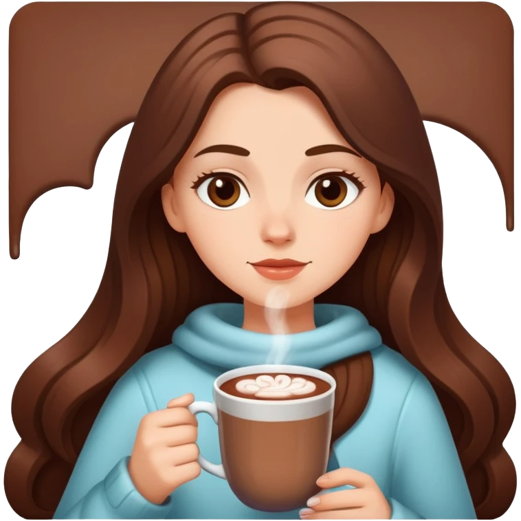 white girl with brown long hair and a hot chocolate emoji