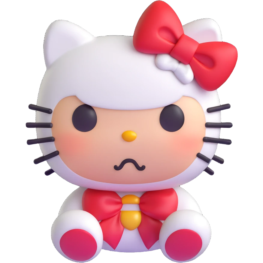 angry hello kitty, 3D emoji style, red bow, puffed cheeks, scowling emoji