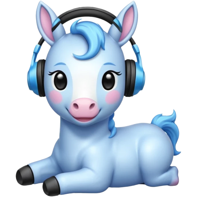 Unicornio bebé azul sentado escuchando música con auriculares negros emoji
