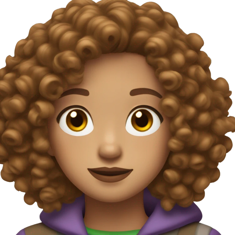 curly girl with brown bob hair brown eyes with freckles in AirPods Pro green emoji