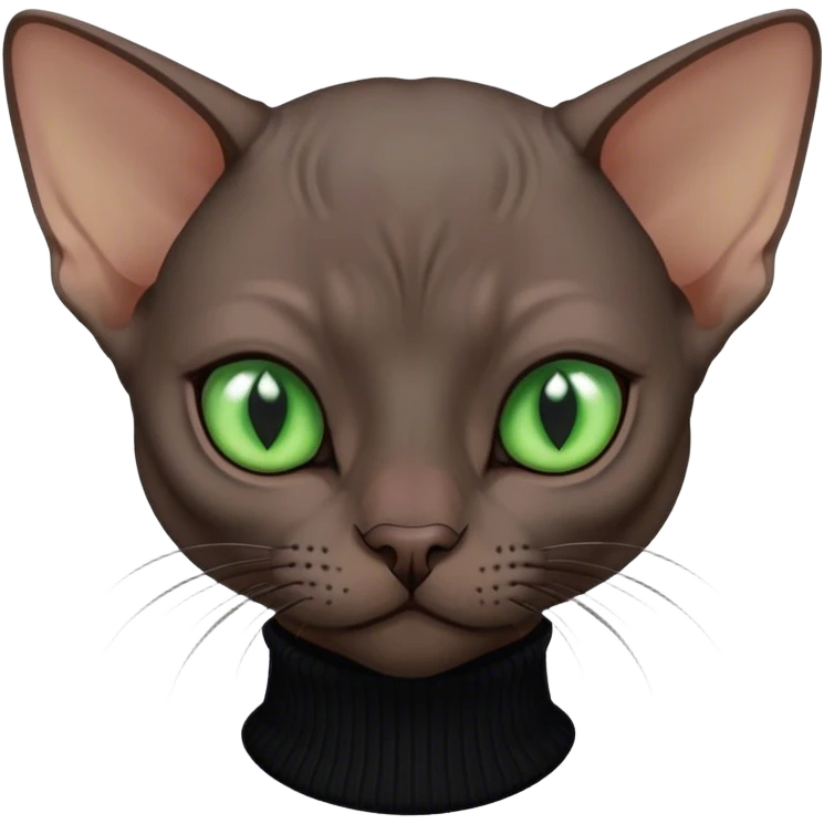 black and dark brown color sphinx cat with green eyes wearing a black turtleneck sweater emoji
