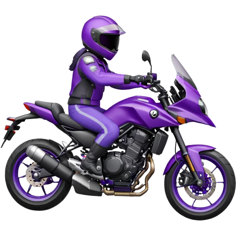 Créer un emoji avec une moto mt07 sport noir mate / violet iridescent très foncé, pare-brise de la moto violet. Avec une pilote dessus visière violet sombre visage caché . Avec fond arrière violet en arrière plan. emoji