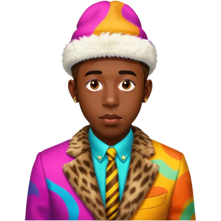 Tyler the Creator in his CHROMAKOPIA colorful suit with fur hat emoji
