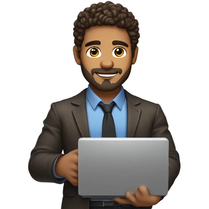 SEO chief carrying a computer in his hands. light brown skin men with curly dark brown hair, brown eyes, little grown beard. imposing, muscular build. emoji
