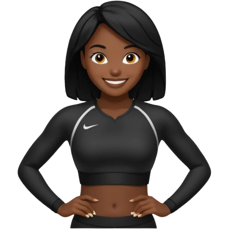 Femme noire avec cheveux noir et qui fait du sport en tenue noire.  emoji