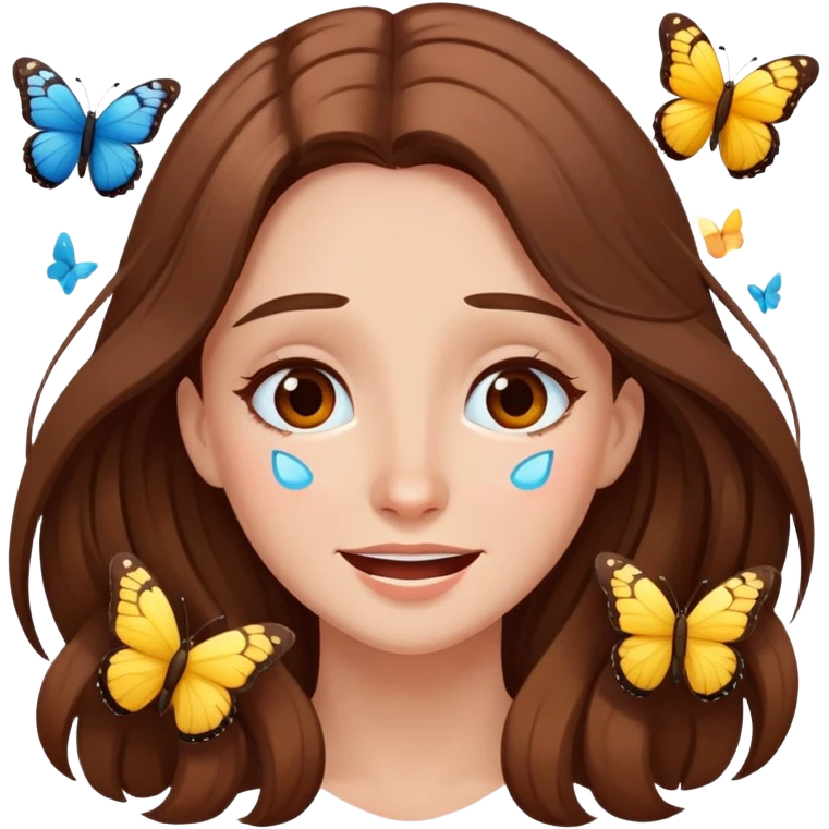 Happy tears face with butterflies long brown hair  emoji