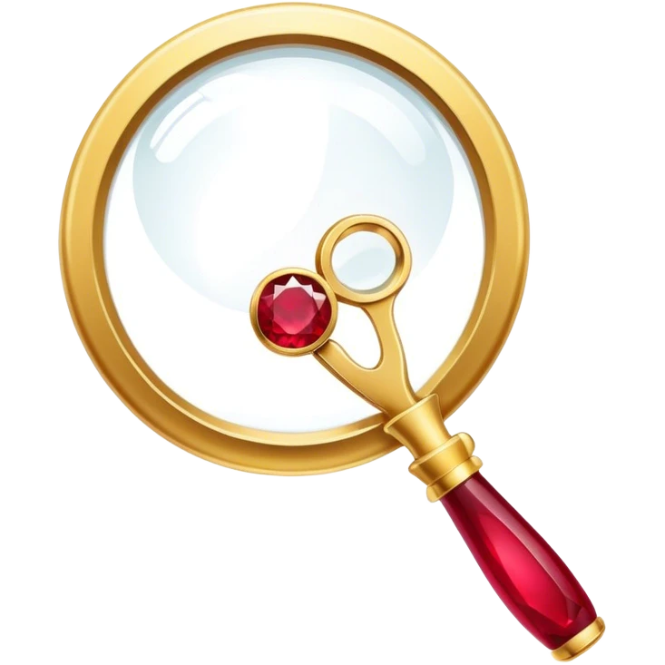 Jewelry art icon, golden ring with a ruby viewed through a magnifying glass, visible pliers beside it, minimalistic style, clean lines, transparent background. emoji