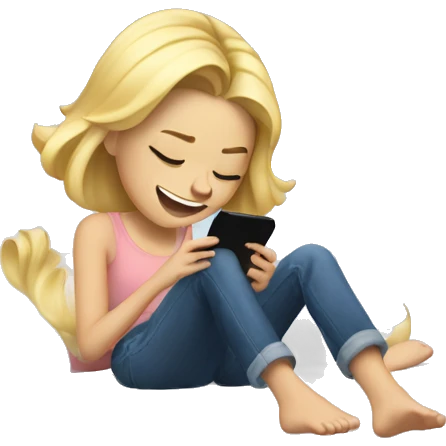 blonde girl giggling and kicking her feet while laying on her bed looking at her phone emoji
