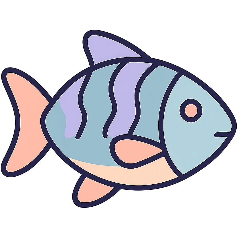 ordinary fish, icon-color-outlined style, thin clean contours, soft rounded shapes, pastel palette #98B5BC, #B5B3C1, #C9A3C9, #E4C0CA, #F7DCD1, #F7C0AA, detailed shadows and highlights, soft lighting, transparent background, minimalism, not cute, no decoration, no eastern elements emoji