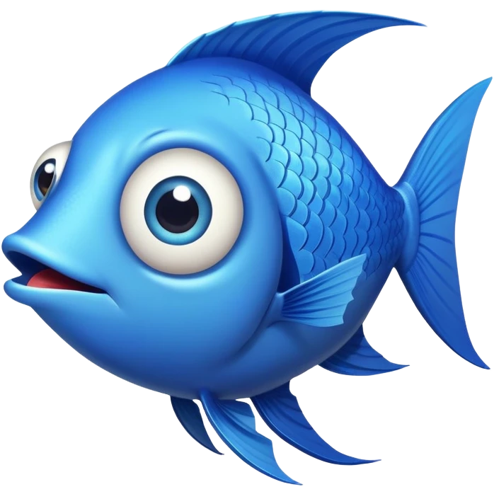 super derpy bright blue fish in side profile facing right, huge bulging eye, wide open mouth looking shocked and stupid, flat 2D side view only emoji
