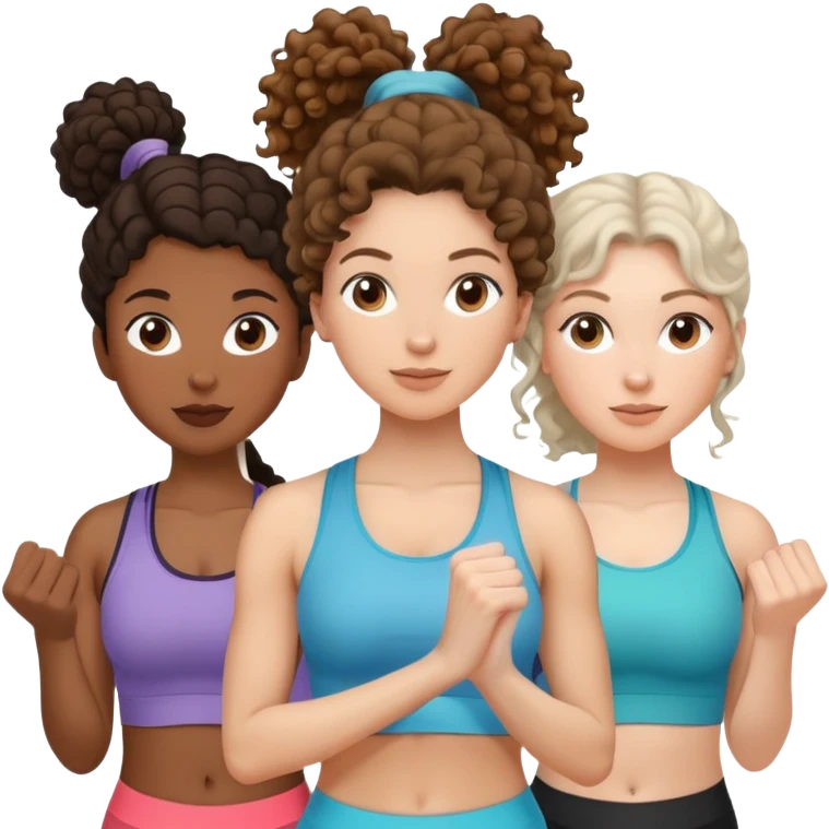 three women friends exercising together, one black woman with curly brown hair, one pale white woman with curly brown hair, and one white woman with straight brown hair in a ponytail emoji