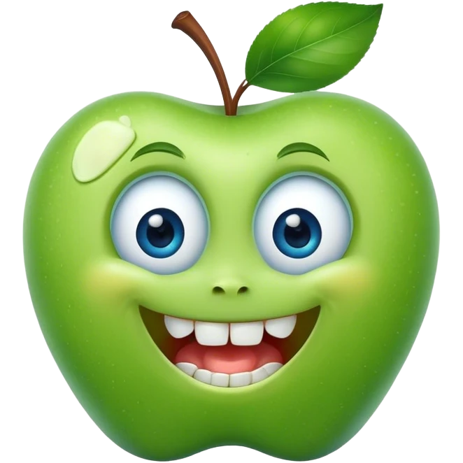 A cute green apple with a big smile and blue expressive big eyes, tooth emoji