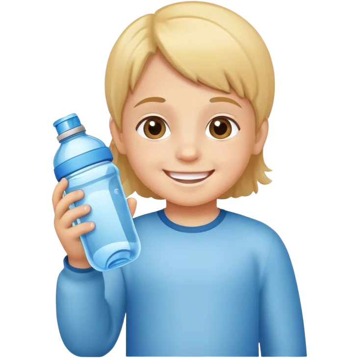 child holding a water bottle, smiling, friendly and cute emoji
