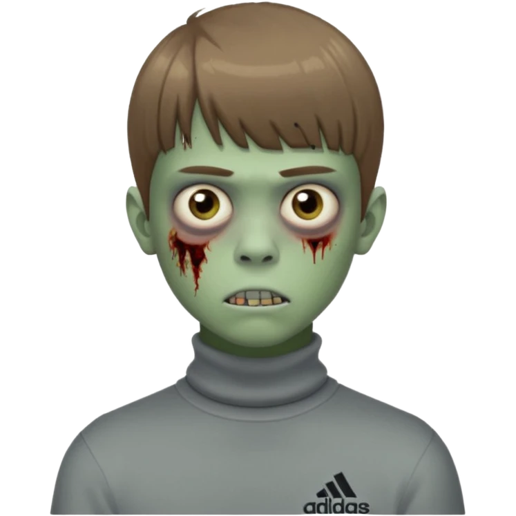 Crie um emoji de um menino com o cabelo castanho claro com uma franja reta e o corte low fade zumbi blusa de gola alta da adidas emoji
