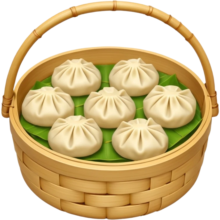 ["Four steamed dumplings in a bamboo steamer basket."] emoji