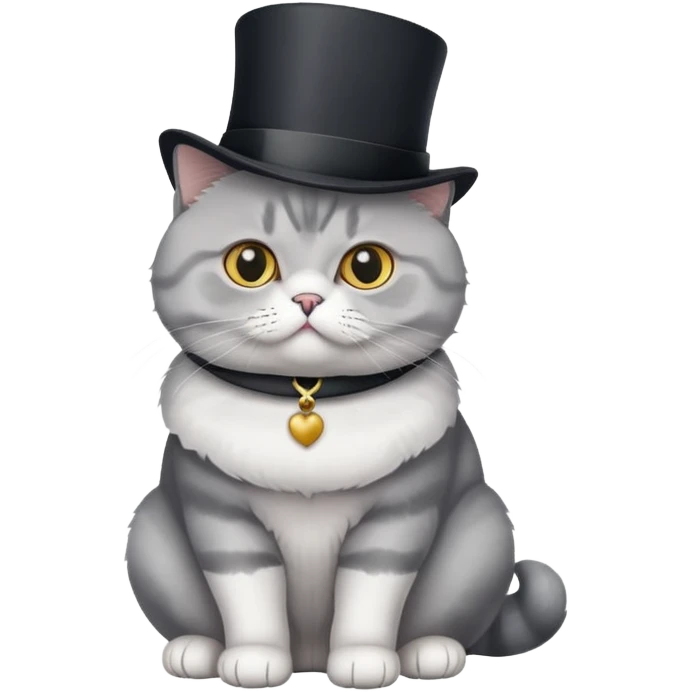 British Shorthair cat full body sitting with a top hat emoji