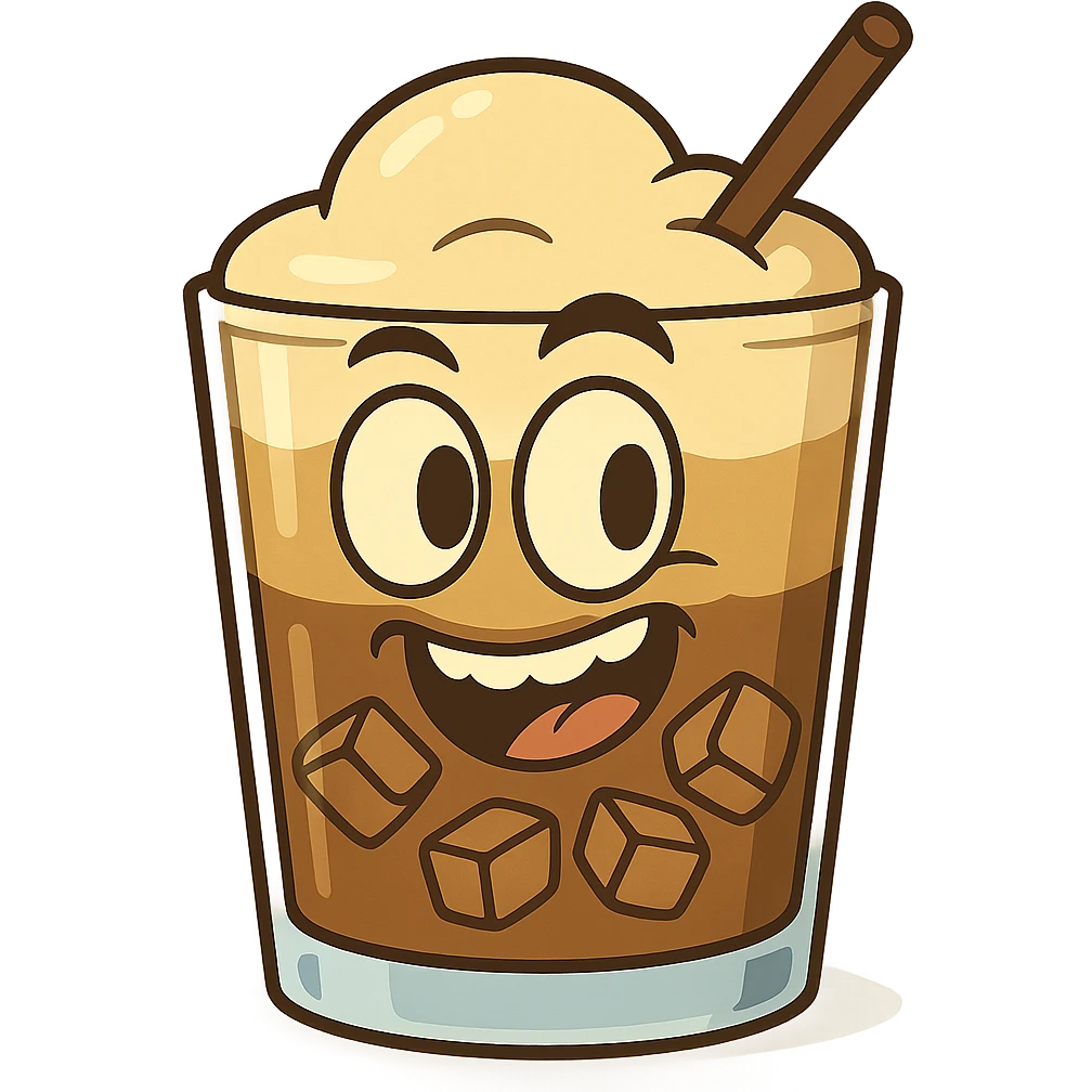 cartoon style greek freddo espresso in glass with straw, ice cubes, thick foam, playful look emoji