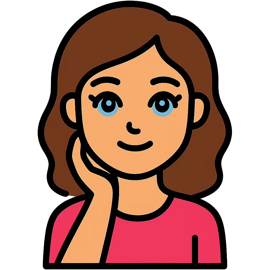 An icon-style emoji of a brunette girl with medium, slightly wavy hair, normal skin tone, a button nose, beautiful blue eyes with eyelashes, in a different pose. emoji