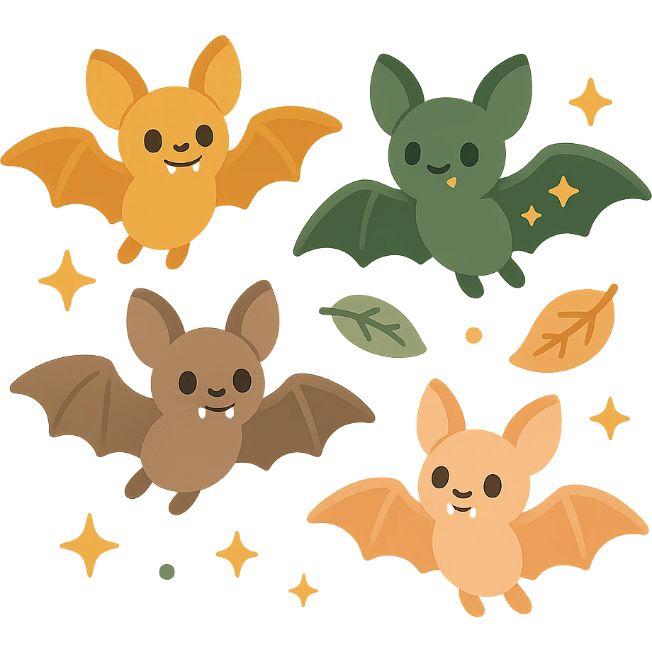 A group of cute, flying bats with a soft and magical aesthetic, illustrated in a warm color palette: golden orange (FA9B41), deep forest green (4A7C5C), muted taupe brown (96775A), and pastel peach (FFCC9A). Each bat has round, friendly eyes, small fangs, and gentle wing shapes with whimsical patterns or tiny stars. Their fur and wings are colored in soft combinations of the given tones, giving them a cozy, storybook-like charm. They fly playfully through a softly glowing night sky with sparkles or floating leaves, creating a dreamy, enchanting atmosphere. The mood is cute, calm, and a little magical emoji