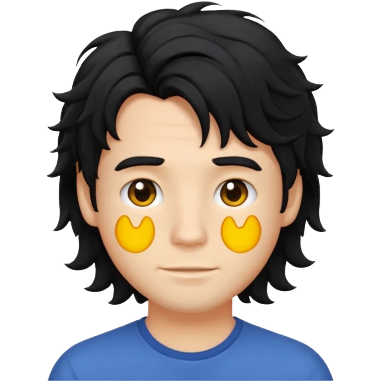 back view of a male with tousled middle-long wavy black hair, emoji style emoji